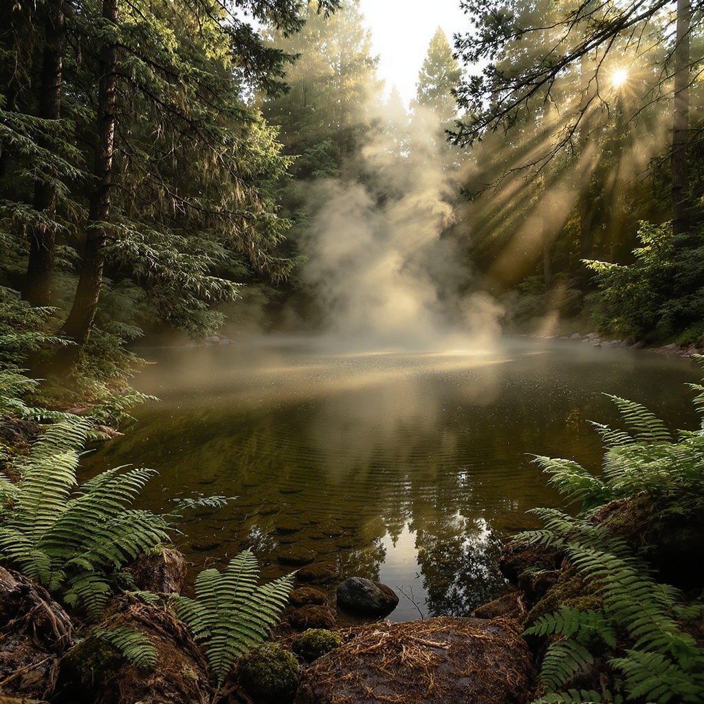 Étang Folia au lever du soleil, brume, forêt du Territoire de Belfort