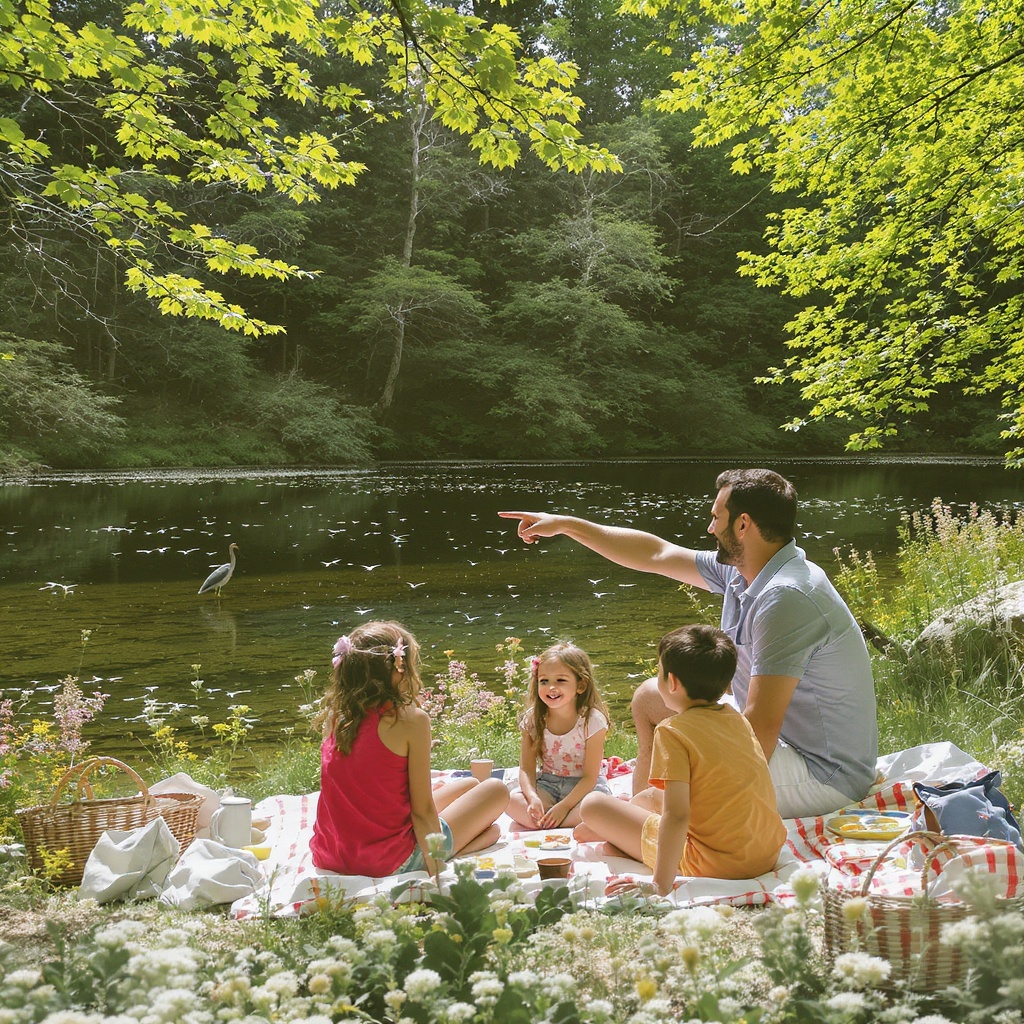 Famille française au bord de l'étang