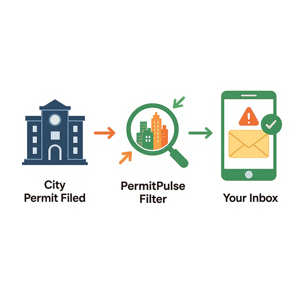How PermitPulseOS works: City permit filed → filtered by your trade and ZIP → delivered to your inbox as a scored lead