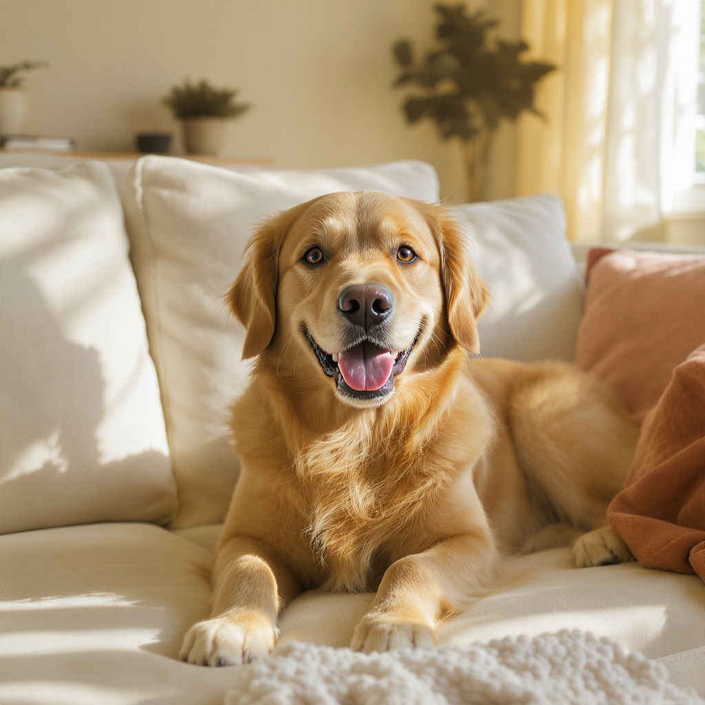 Happy dog on cozy couch