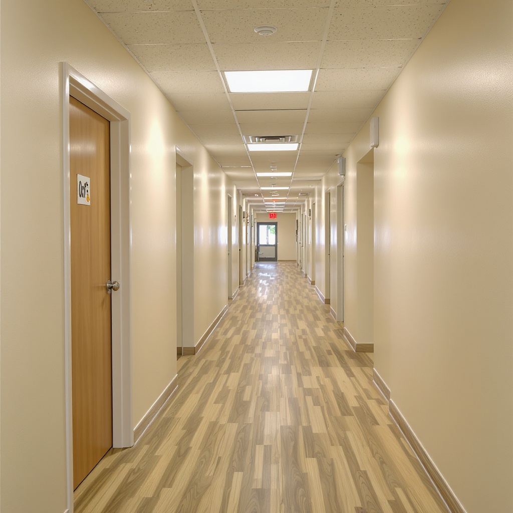 Multi-family hallway with new LVT flooring and freshly painted corridor walls