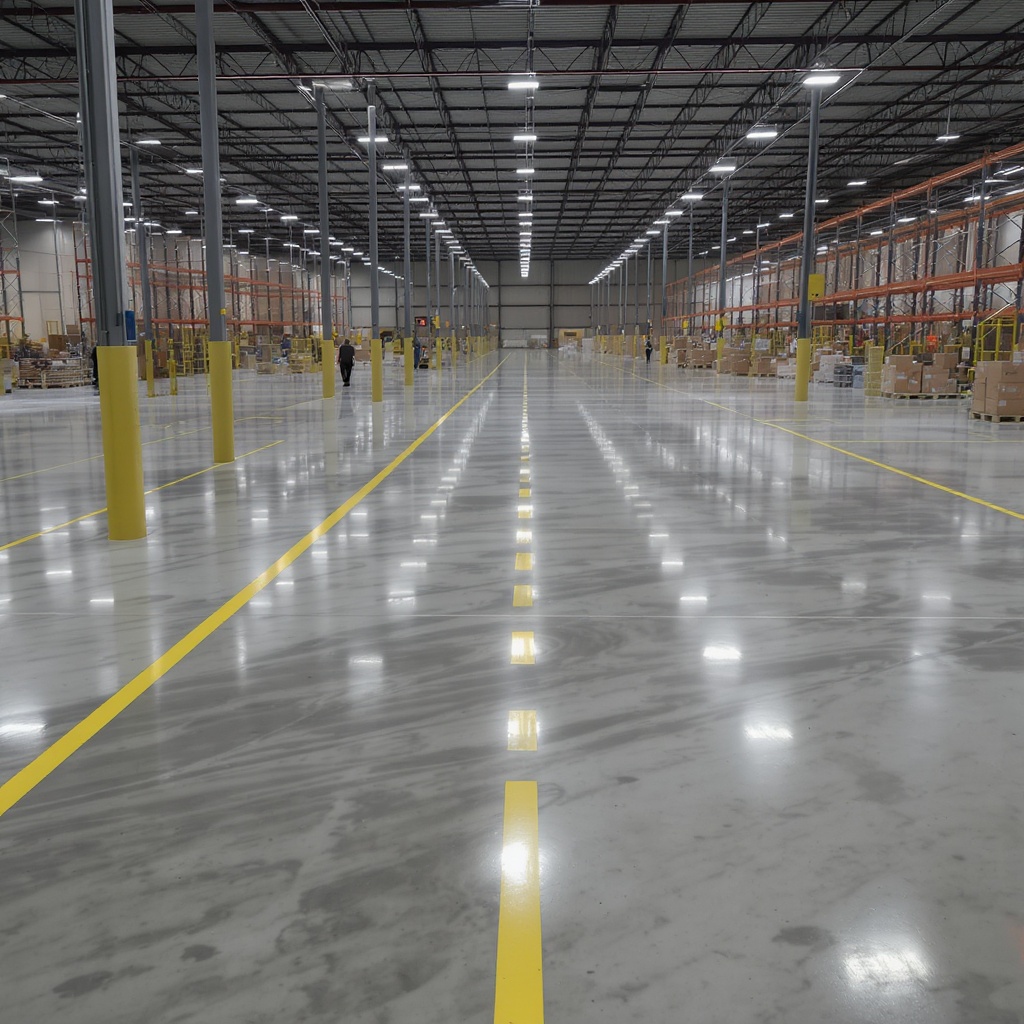 Side-by-side epoxy, polyaspartic, urethane cement, and stained concrete samples installed in an Atlanta facility.