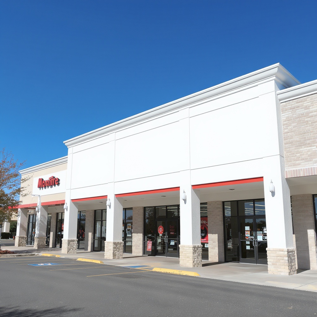 14-tenant retail strip center exterior after fresh elastomeric repaint — Sandy Springs