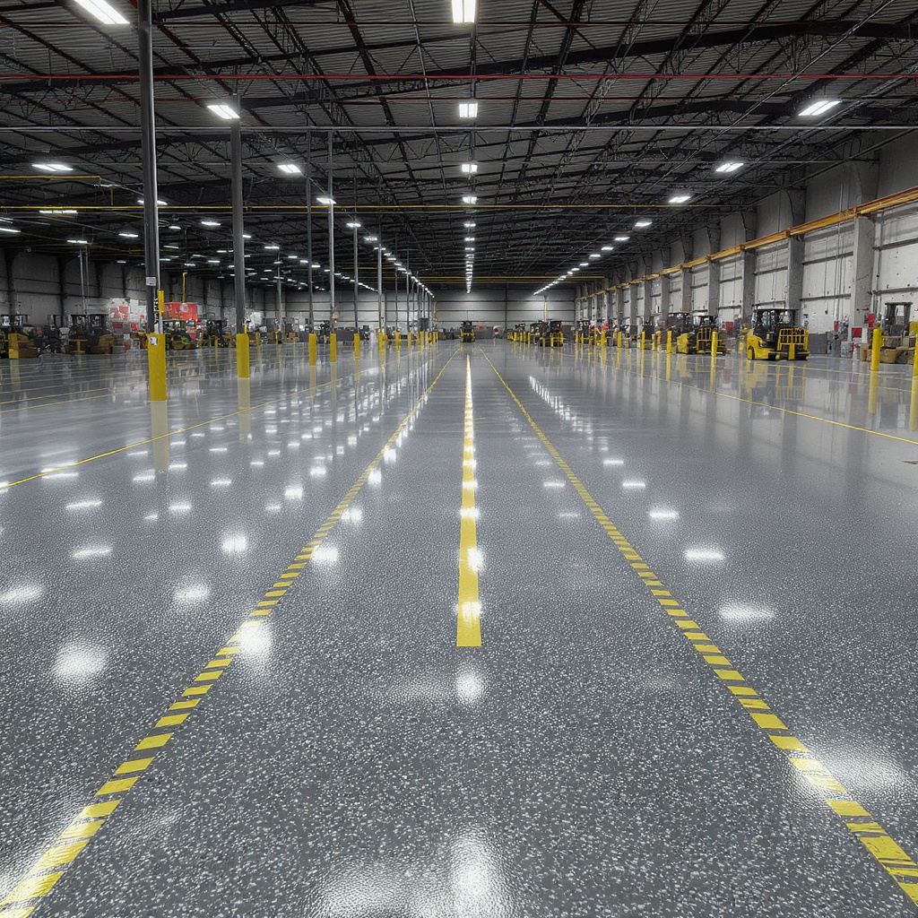 42,000 sq ft warehouse epoxy floor, metallic finish with drive aisle markings