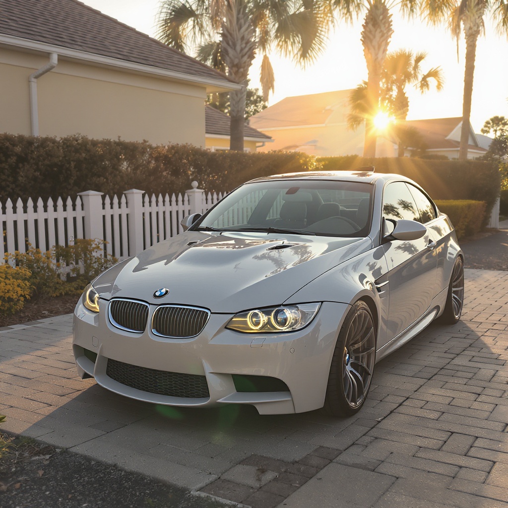 BMW M3 in coastal Wilmington NC driveway — golden hour