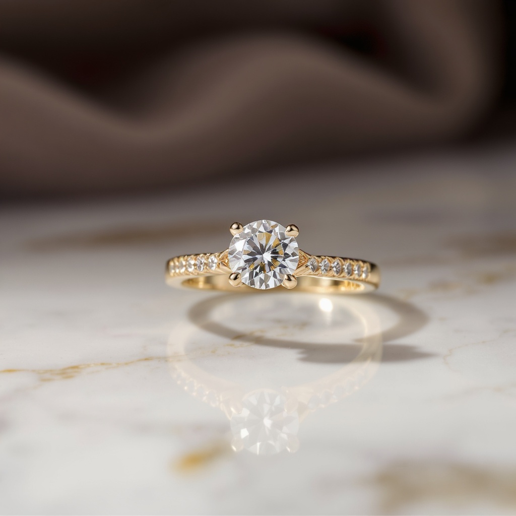 Diamond engagement ring on white marble