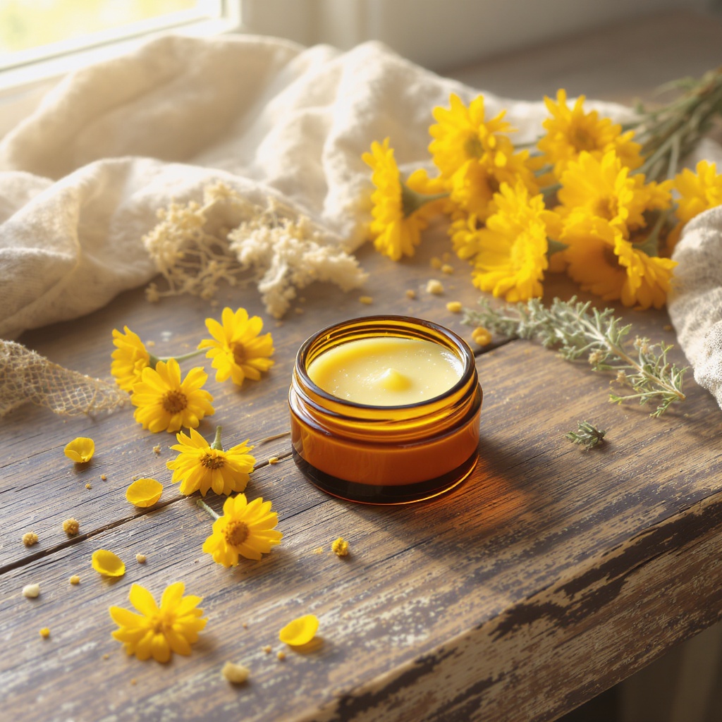 Edible Sun Balm — amber glass tin on wooden surface