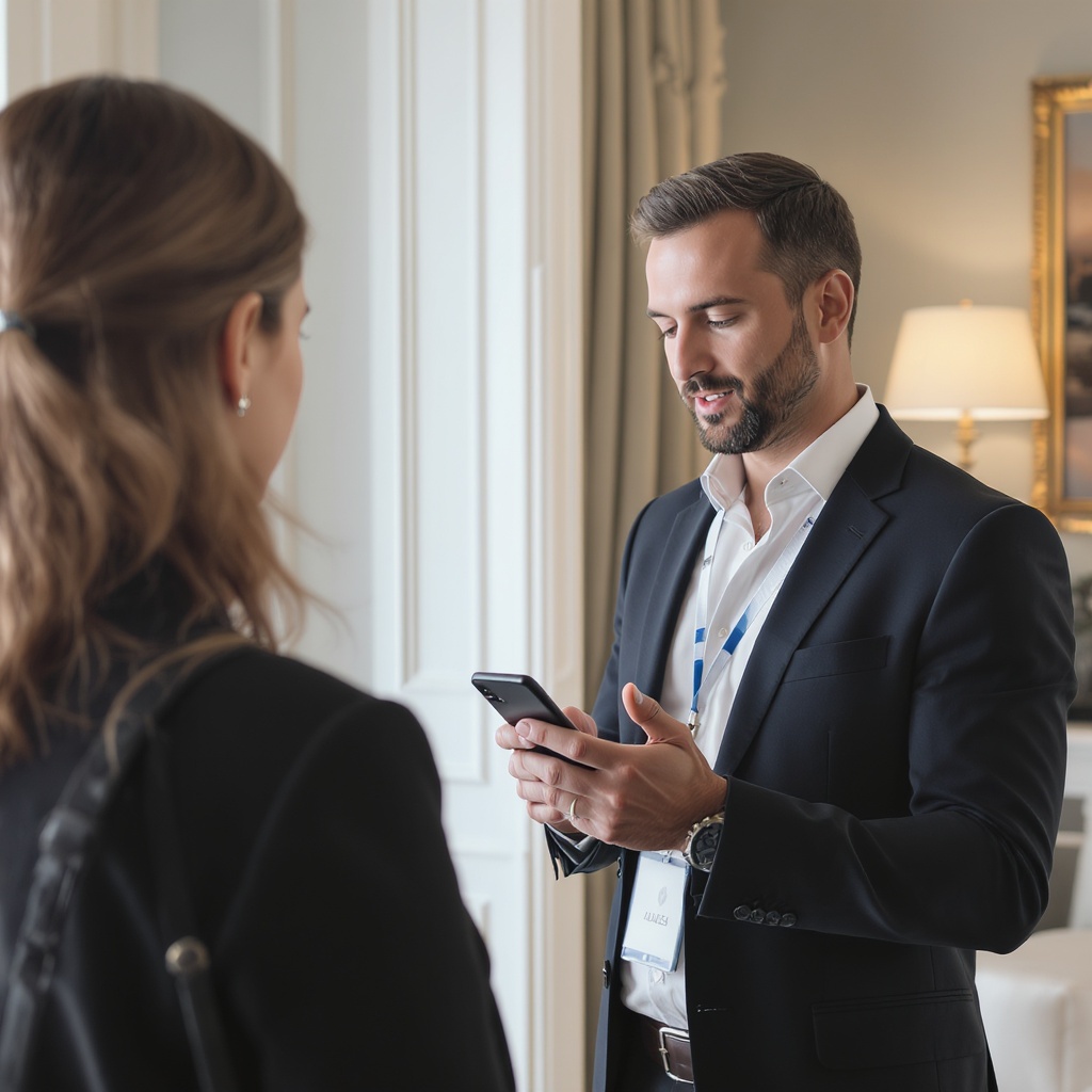 Agent immobilier montrant un dossier numérique sur son téléphone