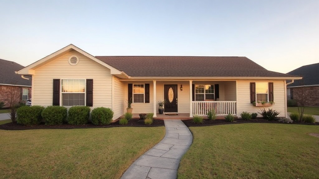 Charming cream siding home with brown roof in Enterprise Alabama