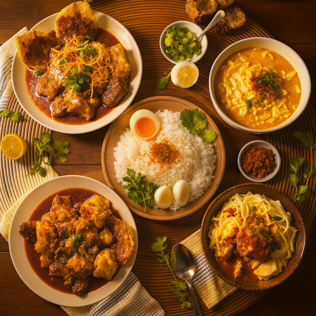 Indonesian food spread — rendang, soto, and traditional dishes