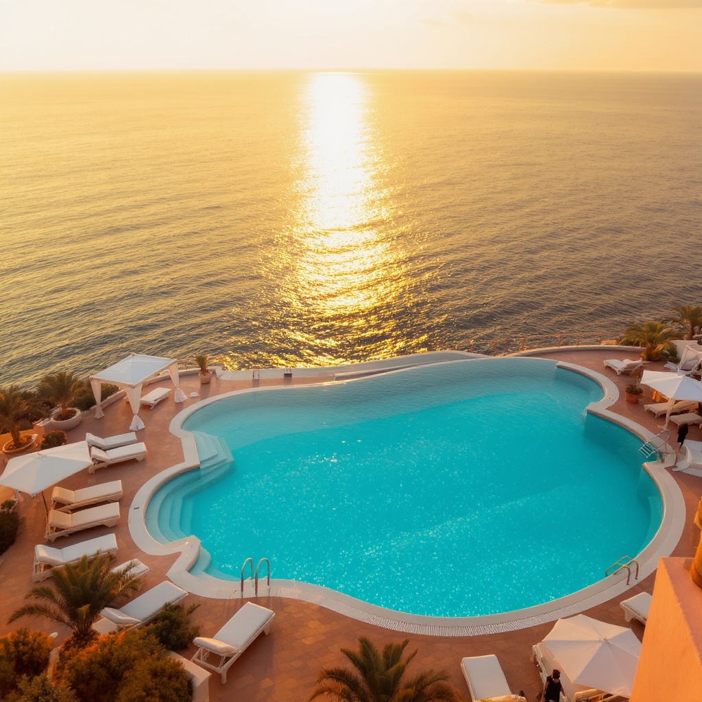 Luxury Mediterranean pool at golden hour