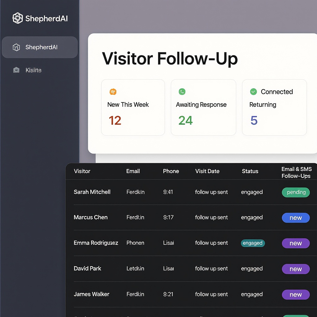 ShepherdAI Visitor Follow-Up Dashboard showing visitor list with follow-up status badges and top-line stats