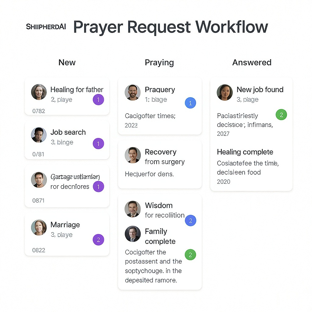 ShepherdAI Prayer Request Workflow showing a Kanban board with New, Praying, and Answered columns