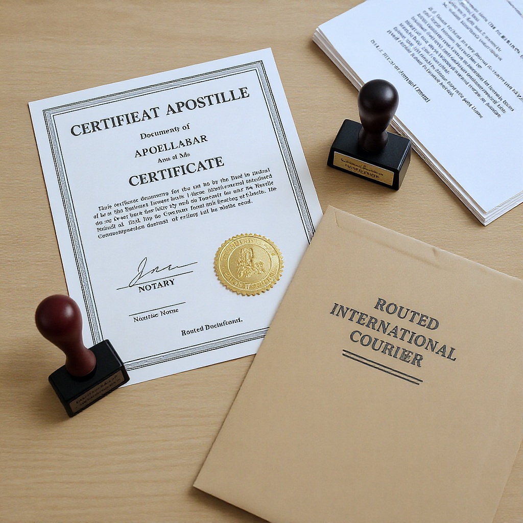 A certified apostille with a gold seal stacked beside a routed international courier envelope on a warm-neutral desk.