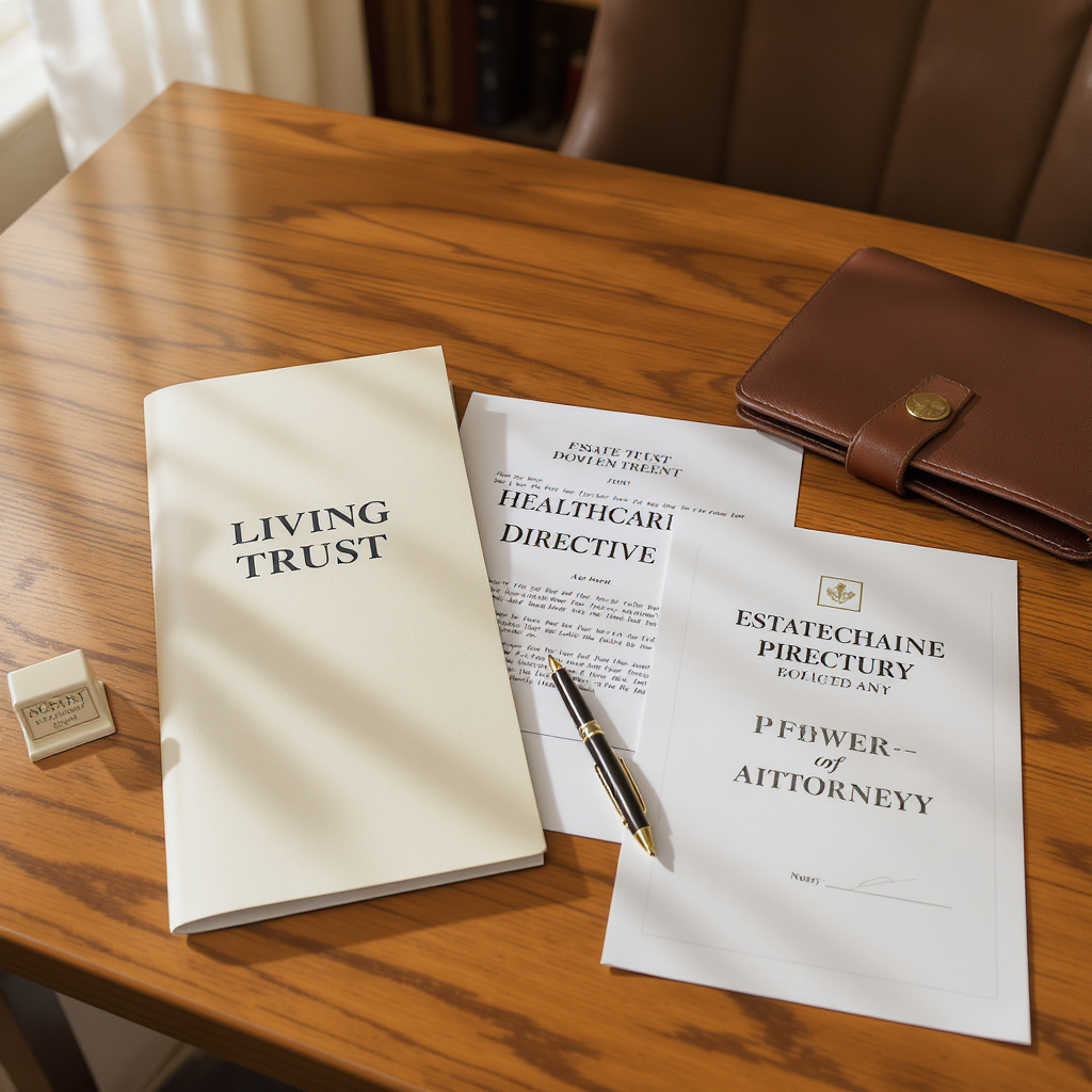 A warm wooden desk with a living trust booklet, a healthcare directive form, a financial power-of-attorney document, a gold pen, and a notary stamp ready for a coordinated estate-plan signing.