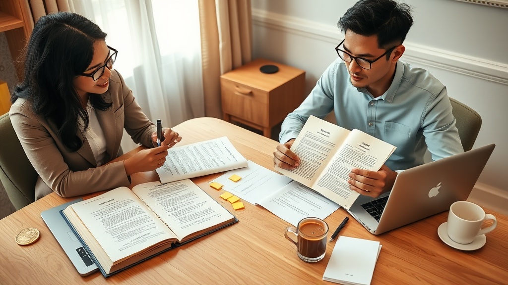 A multilingual pair of translators reviewing side-by-side source and target documents at a warm-wooden desk with a bilingual dictionary and a translation laptop.