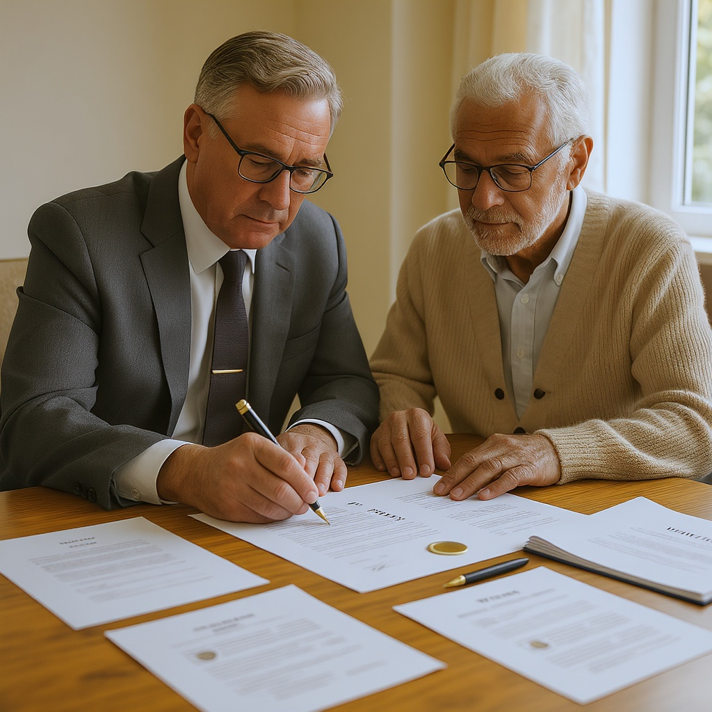 A notary and an older couple reviewing a will, trusts, and power-of-attorney signing package at a warm-lit wooden desk, with witness documents laid out beside the pens.