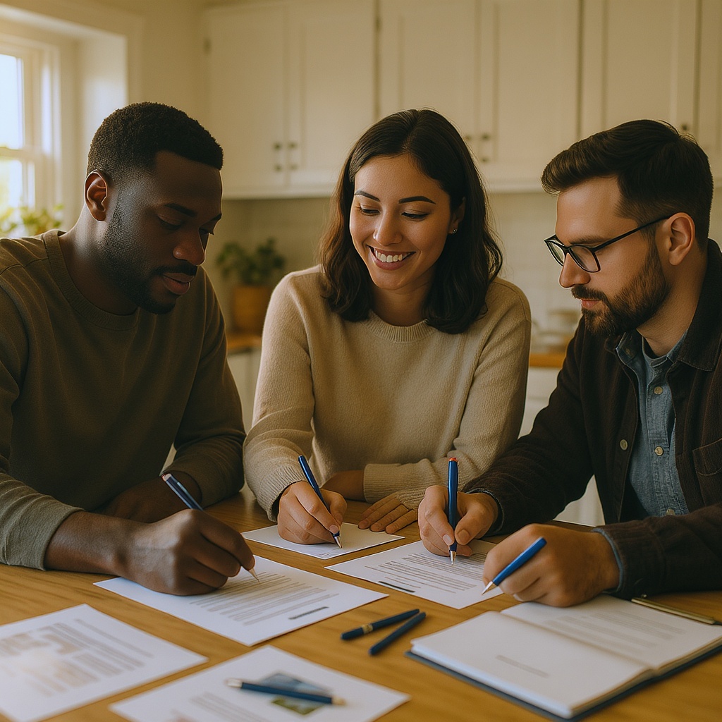 A diverse group of borrowers reviewing and signing closing documents at a kitchen counter under warm morning light.
