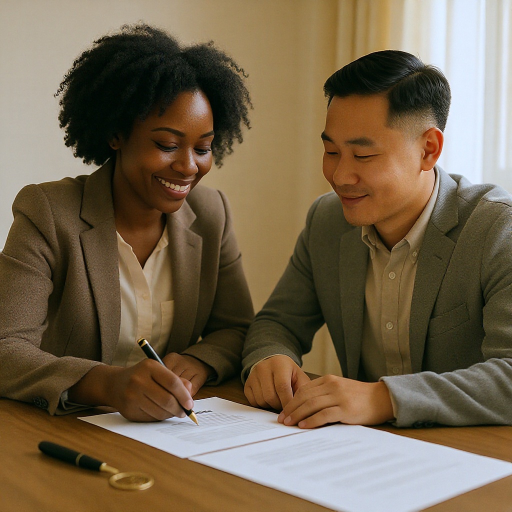 A diverse notary guiding a client through signing documents at a warm-lit table.