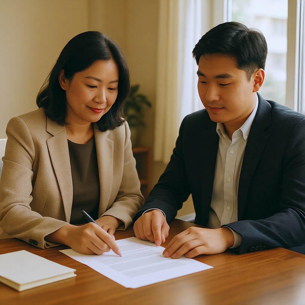 A diverse notary reviewing paperwork with a client in a calm, warm-lit office.