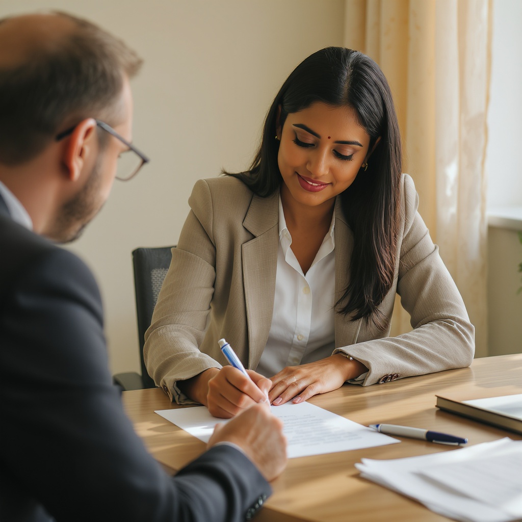 A client signing a notarized affidavit at a small office desk while a notary witnesses the signature.