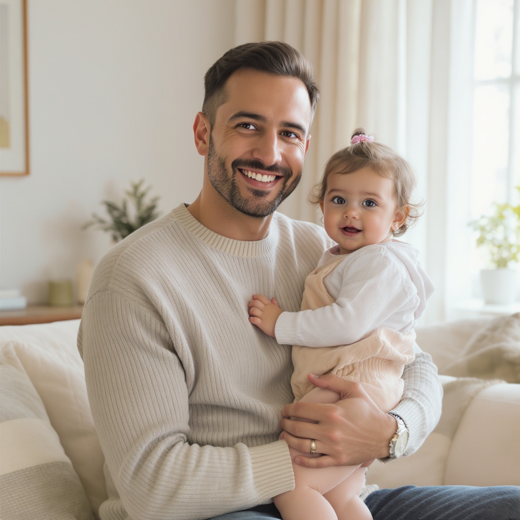 Father holding young child in bright living room