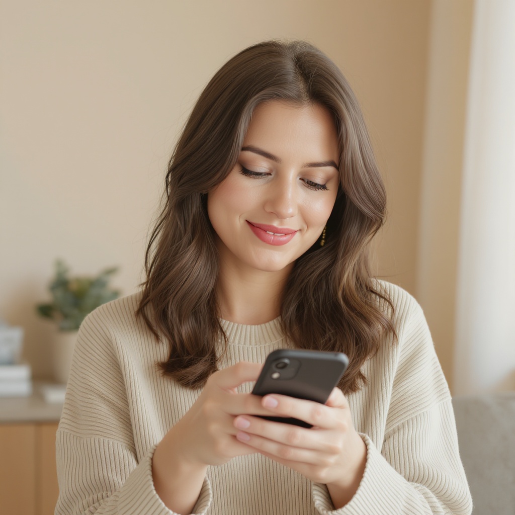 Woman smiling at phone in minimalist home office