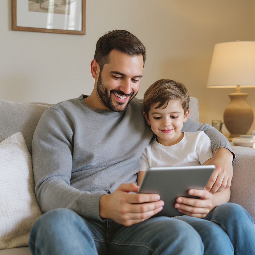 Father and child on couch looking at tablet together