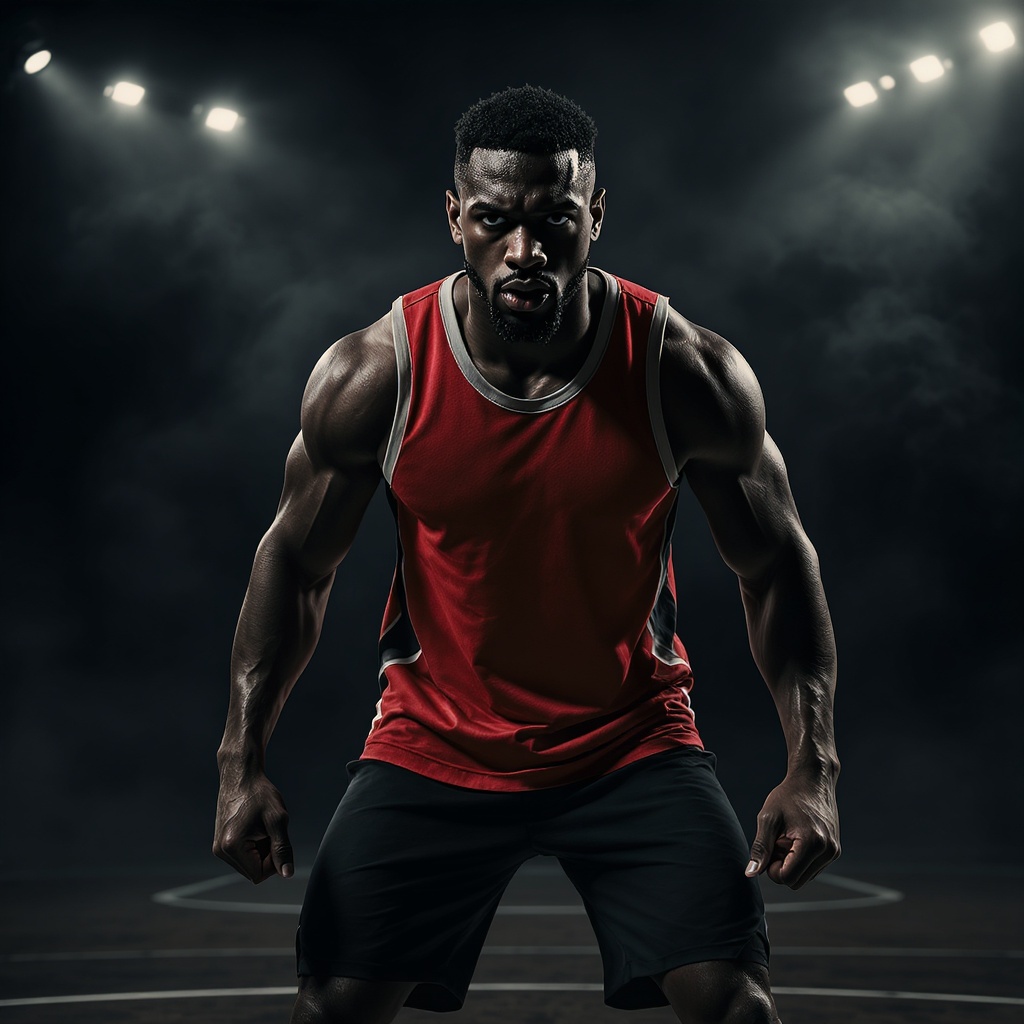 Athlete in focused competitive pose on basketball court