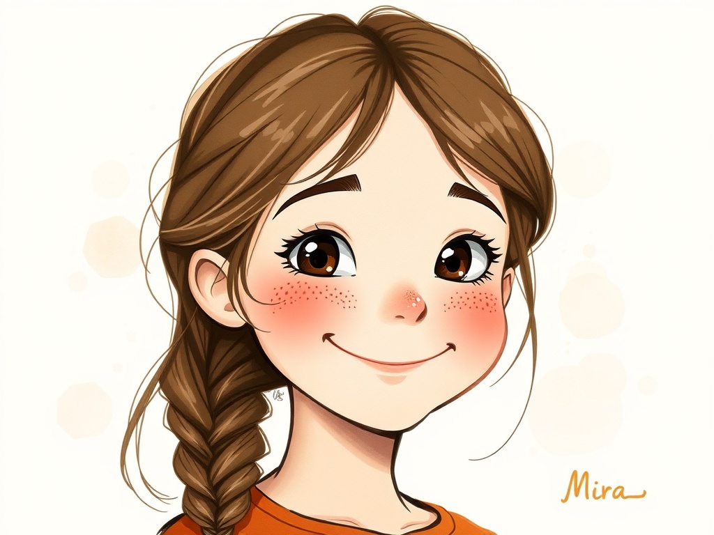 Sample head-and-shoulders portrait of Mira, the story's hero.