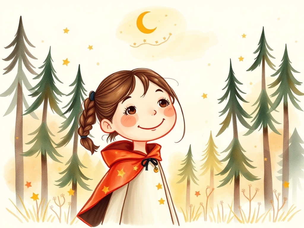 Sample cover illustration of Mira in her starlit cape at the edge of the moonlit forest.