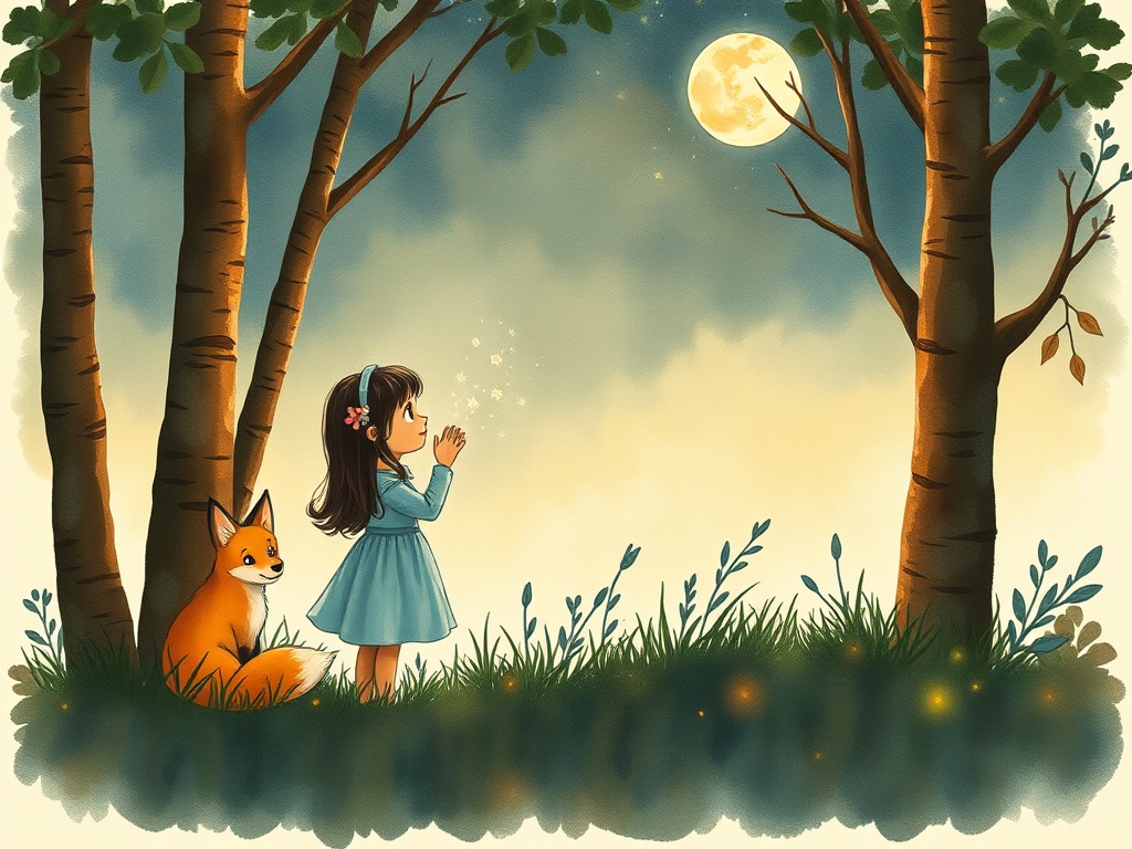 Sample page 1 illustration: Mira whispering to the Moon in a moonlit forest.
