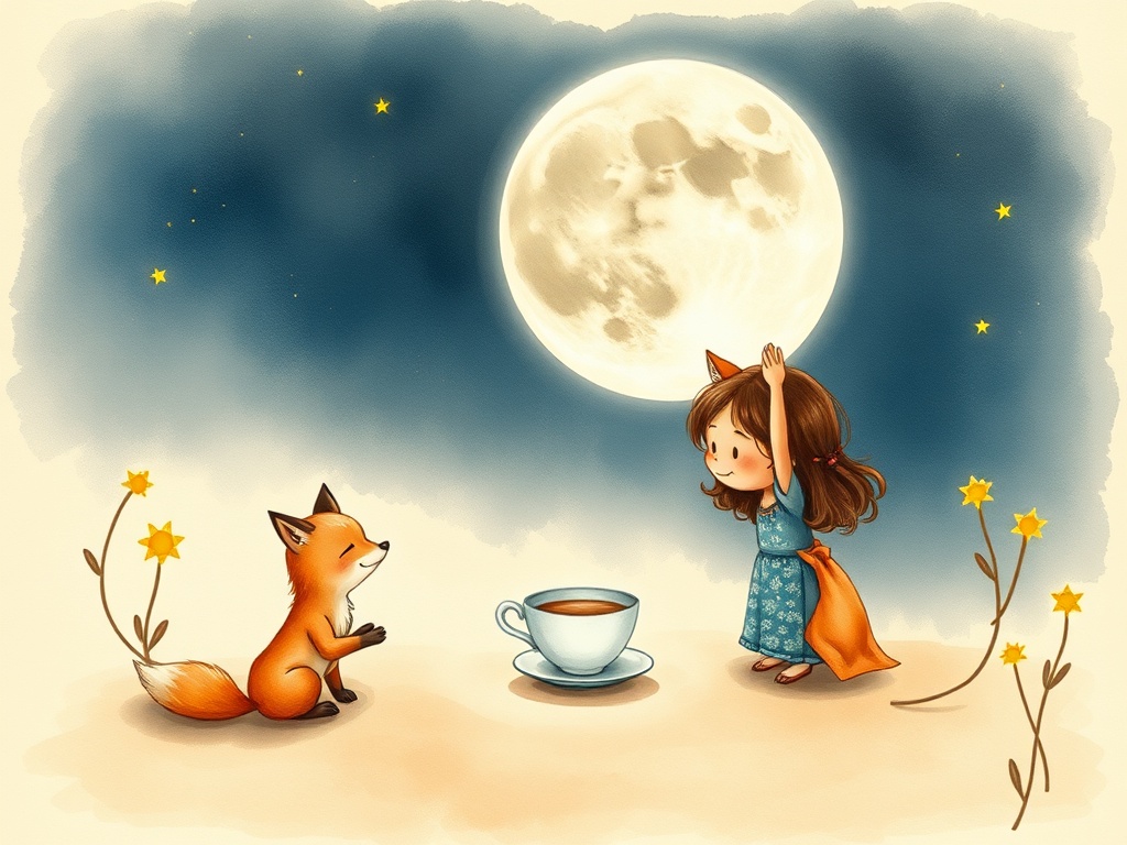 Sample page 3 illustration: the Moon setting down its teacup while Mira and the fox smile.