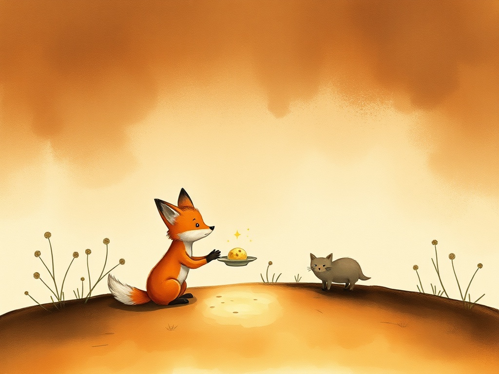 Sample page 2 illustration: the fox offering the last crumb of starlight to Mira.