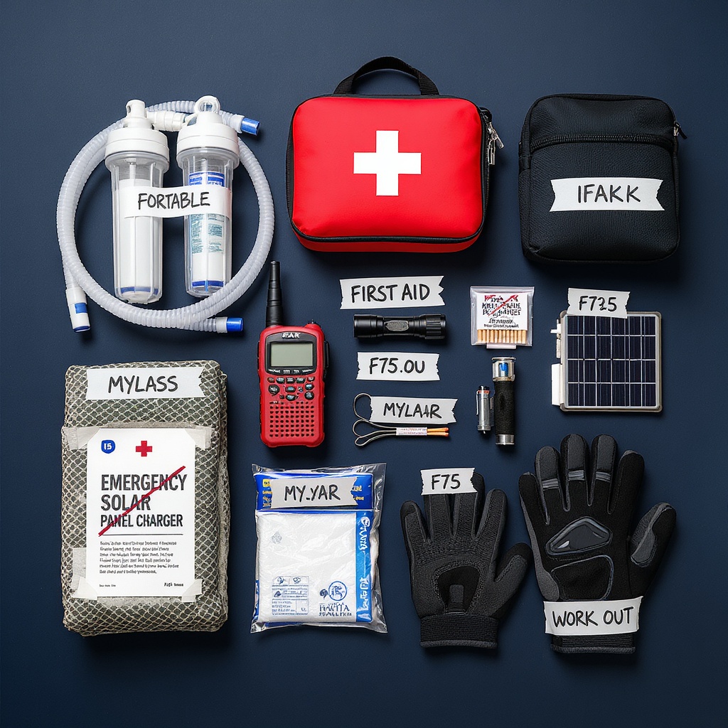 PrepStock Hurricane Bundle contents laid out — water filter, first aid kit, emergency radio, fire starter, flashlight, solar charger