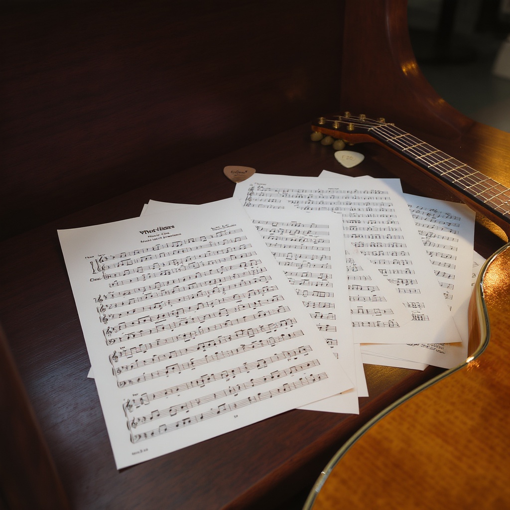 Worship chord charts and sheet music on a church table