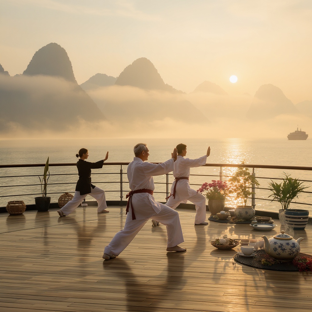 Serene wellness retreat scene on a Yangtze river cruise ship with tai chi practice, misty mountains, and traditional Chinese medicine elements