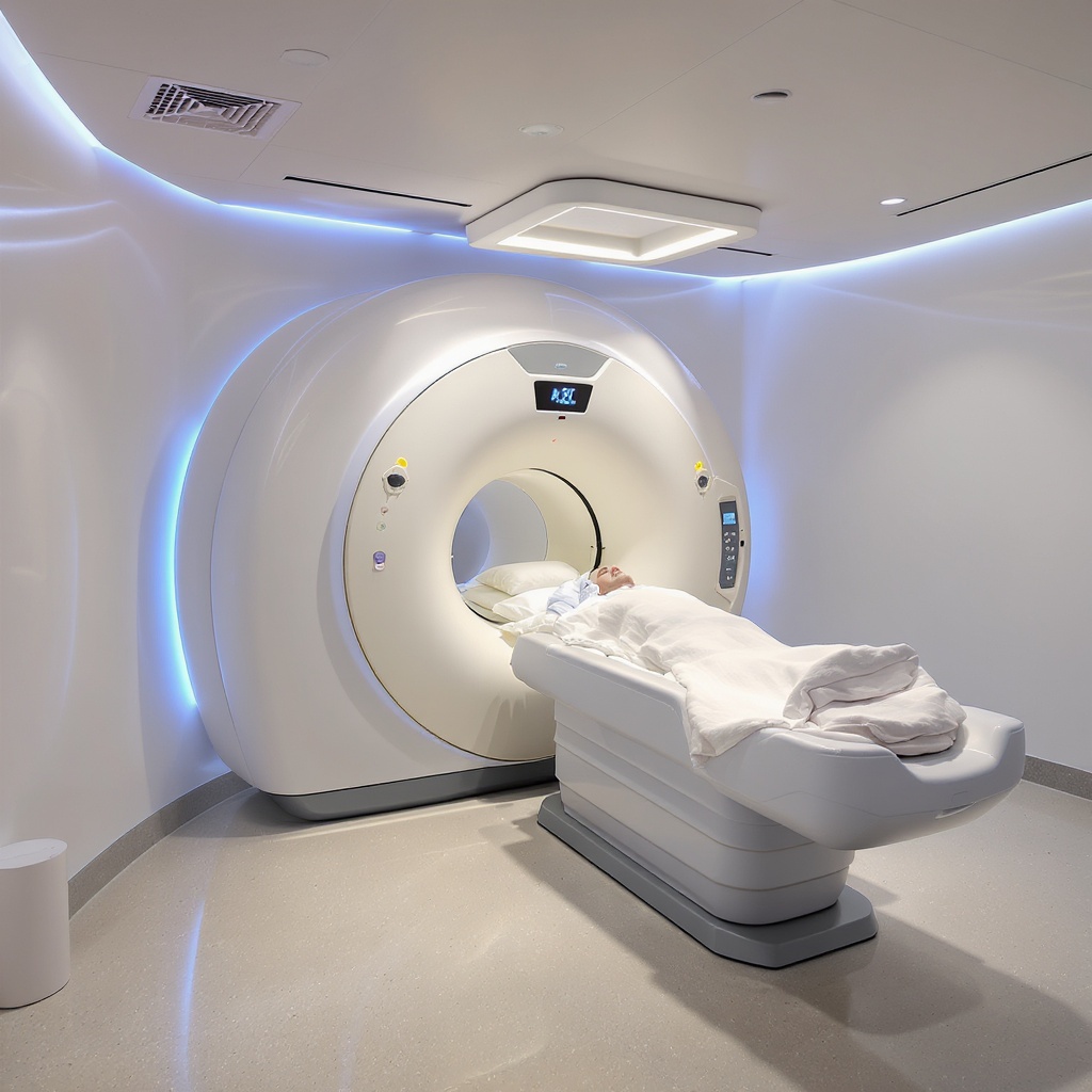 Modern MRI scanning room in a high-tech hospital with state-of-the-art imaging equipment and calming atmosphere