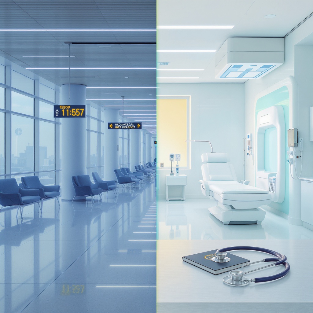 Medical tourism concept — airport lounge blending into a health screening room with passport and stethoscope