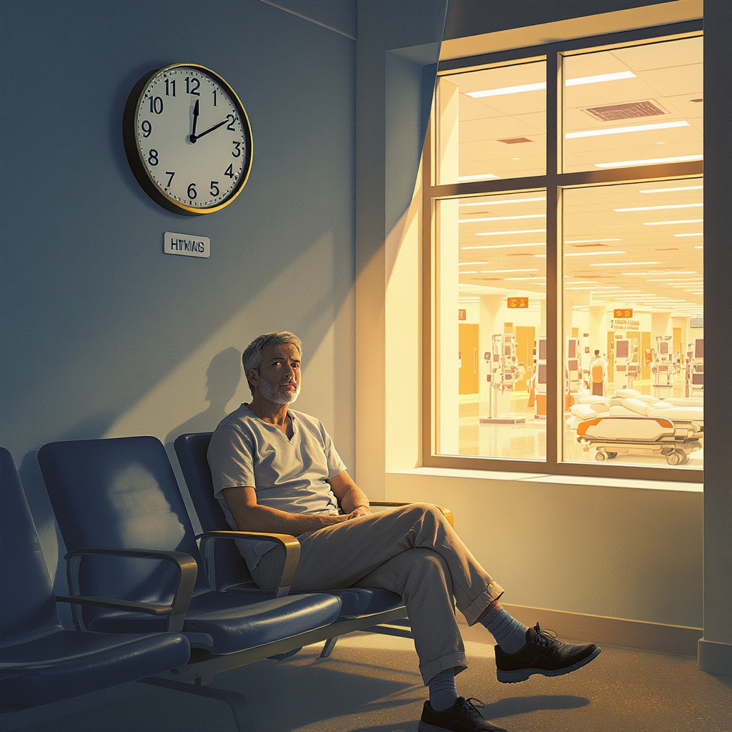 NHS waiting room contrasting with modern international hospital facilities, representing treatment options abroad for UK patients