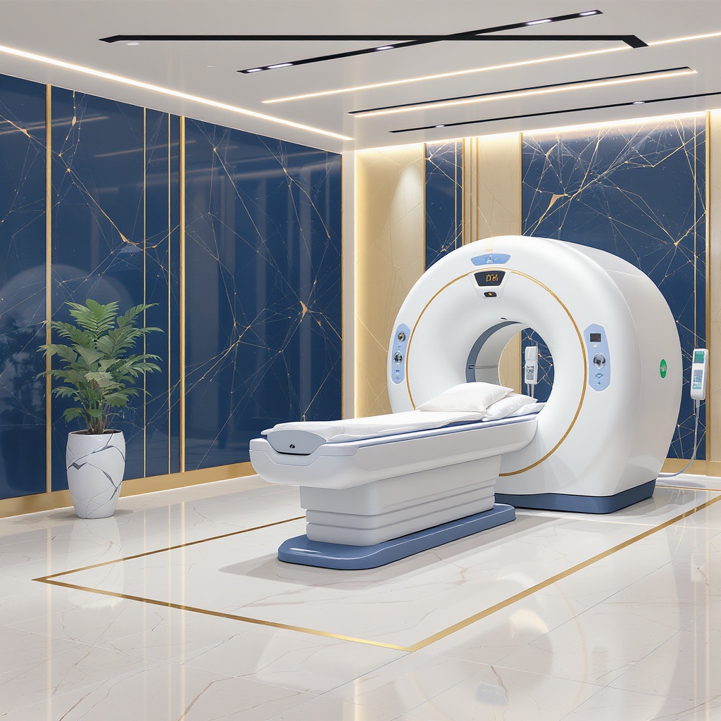Modern executive health screening facility with premium MRI scanner and medical equipment in a high-end hospital setting