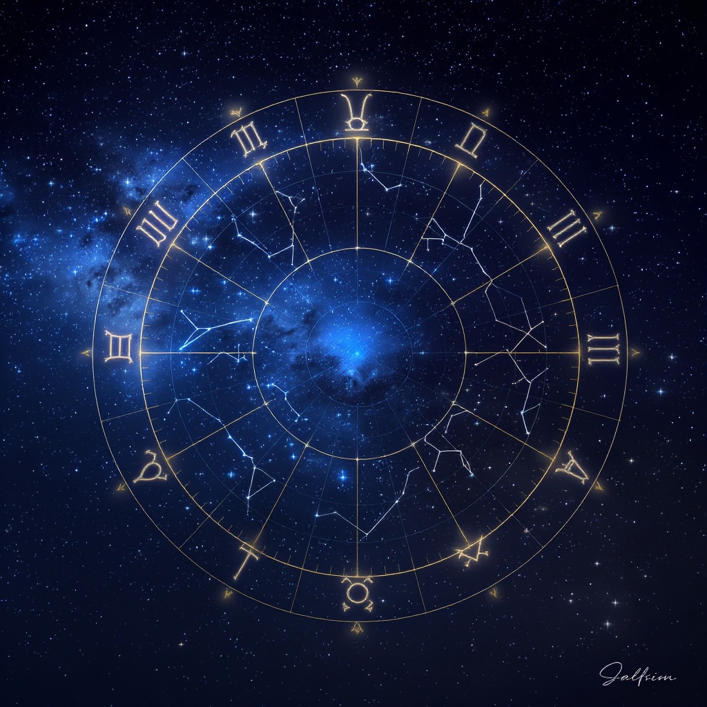 Celestial zodiac illustration with stars and constellations against a deep-indigo sky