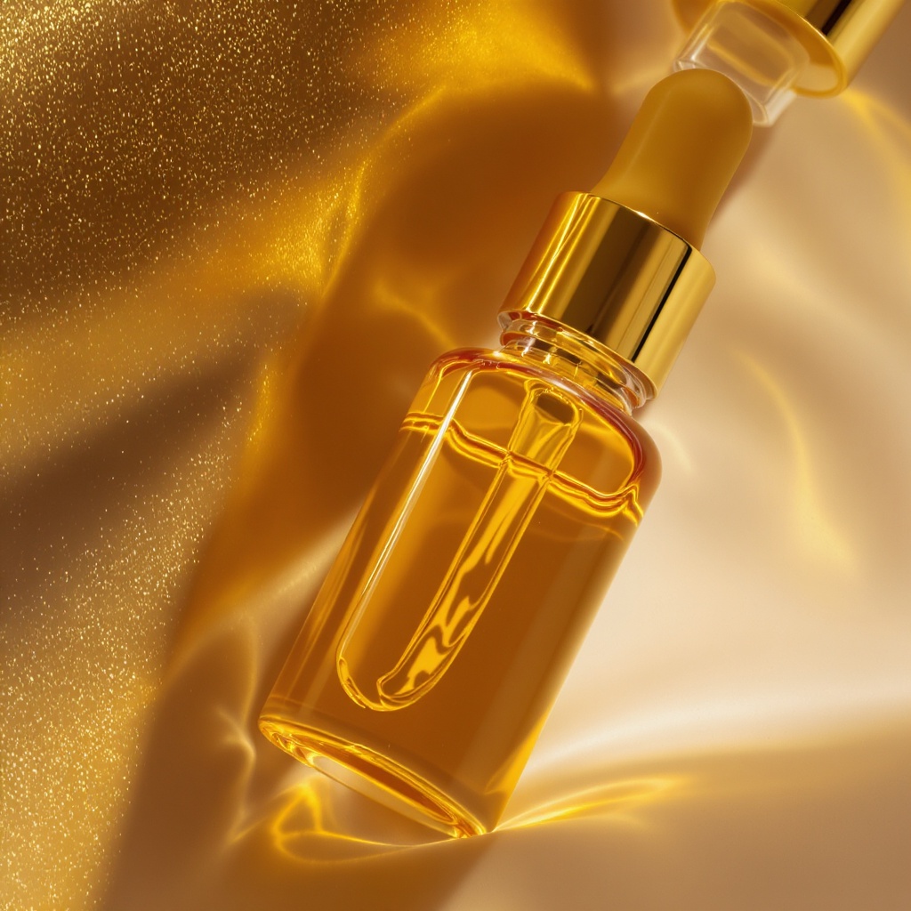 Fulgira serum texture — golden botanical serum with clean, luxurious finish