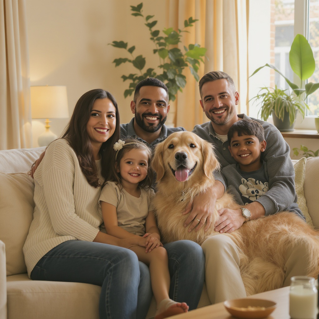 Family relaxing together with their dog at home