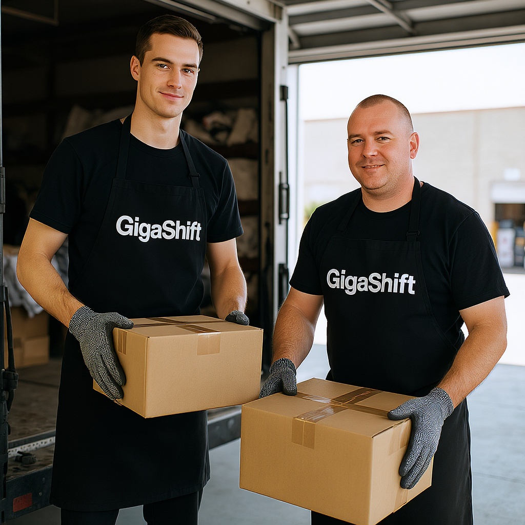 Workers in GigaShift aprons unloading boxes in daylight