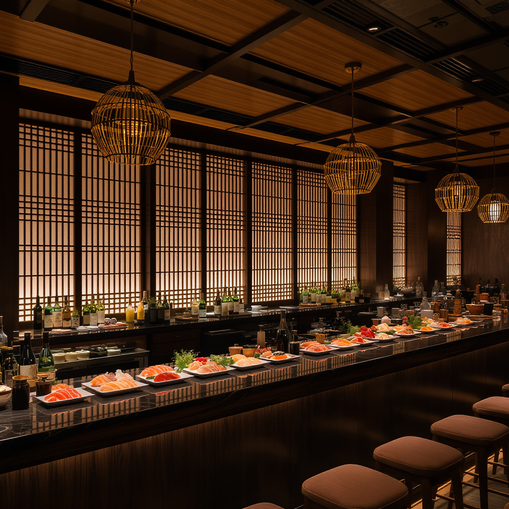 Inside the Tsukiji Sushi Sake Bar counter at night