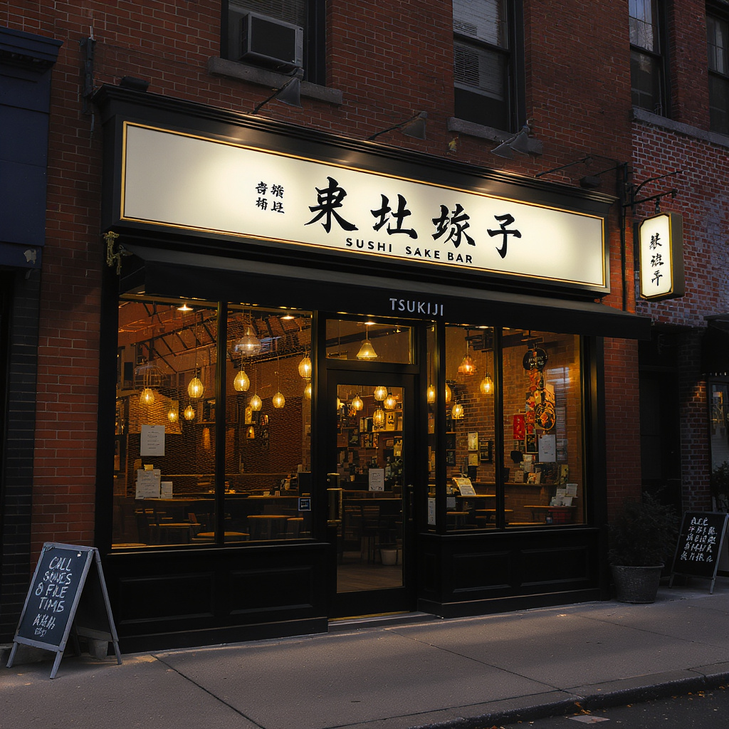 Tsukiji Sushi Sake Bar Chicago storefront exterior at dusk