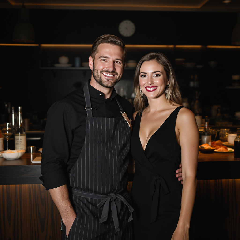 Jessy and Sam, owners of Tsukiji Sushi Sake Bar Chicago, standing together in front of their sushi bar
