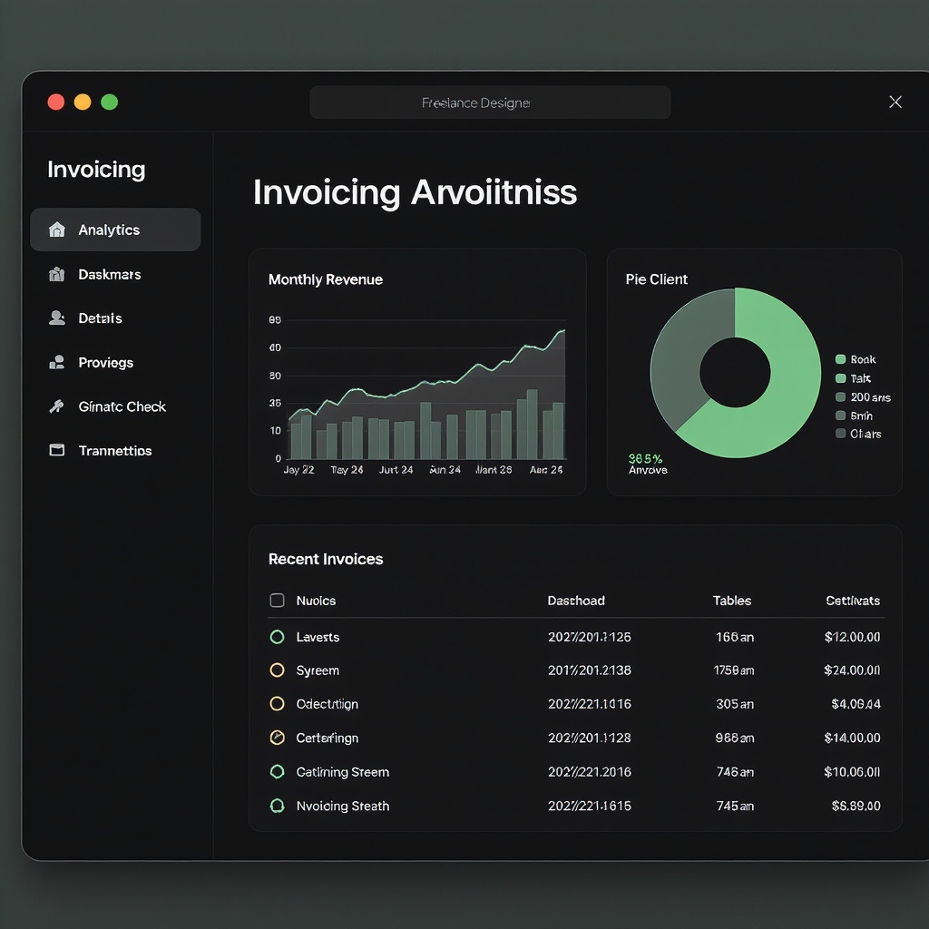 InvoiceForge desktop analytics dashboard — revenue charts, client breakdown, recent invoices table