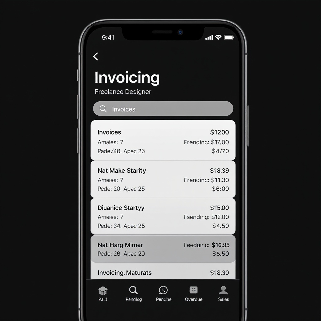 InvoiceForge mobile invoice list — clean dark UI with monospace amounts, client names, status badges